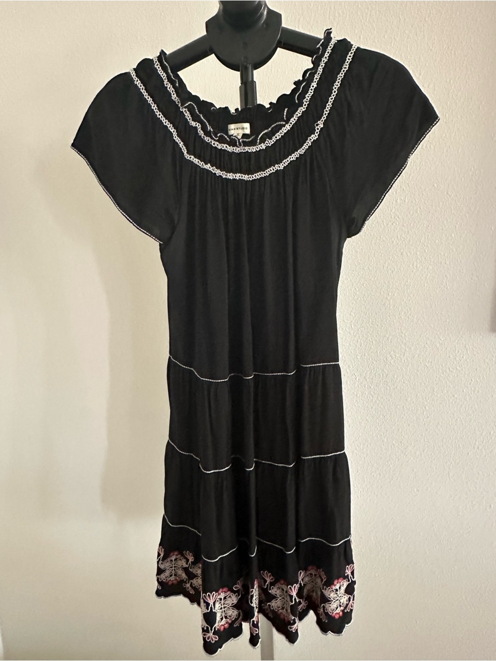 Max Studio Black Short-Sleeve Tiered Dress with Embroidered Hem
